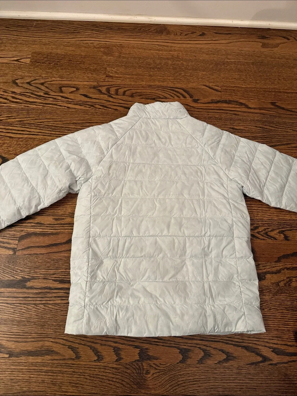 Patagonia Kids Light Gray Quilted Puffer Jacket, yellow inside.